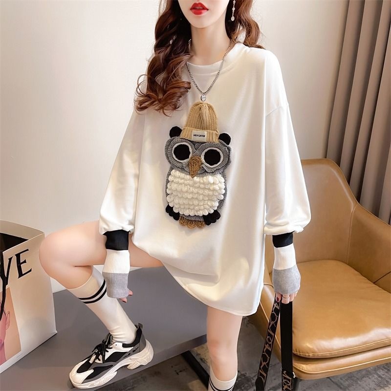 大码女装双面德绒打底衫宽松胖mm上衣秋冬中长款刺绣长袖T恤200斤