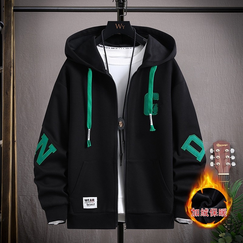 2024新款青少年男孩加绒加厚印花痞帅连帽休闲开衫卫衣露营男生款