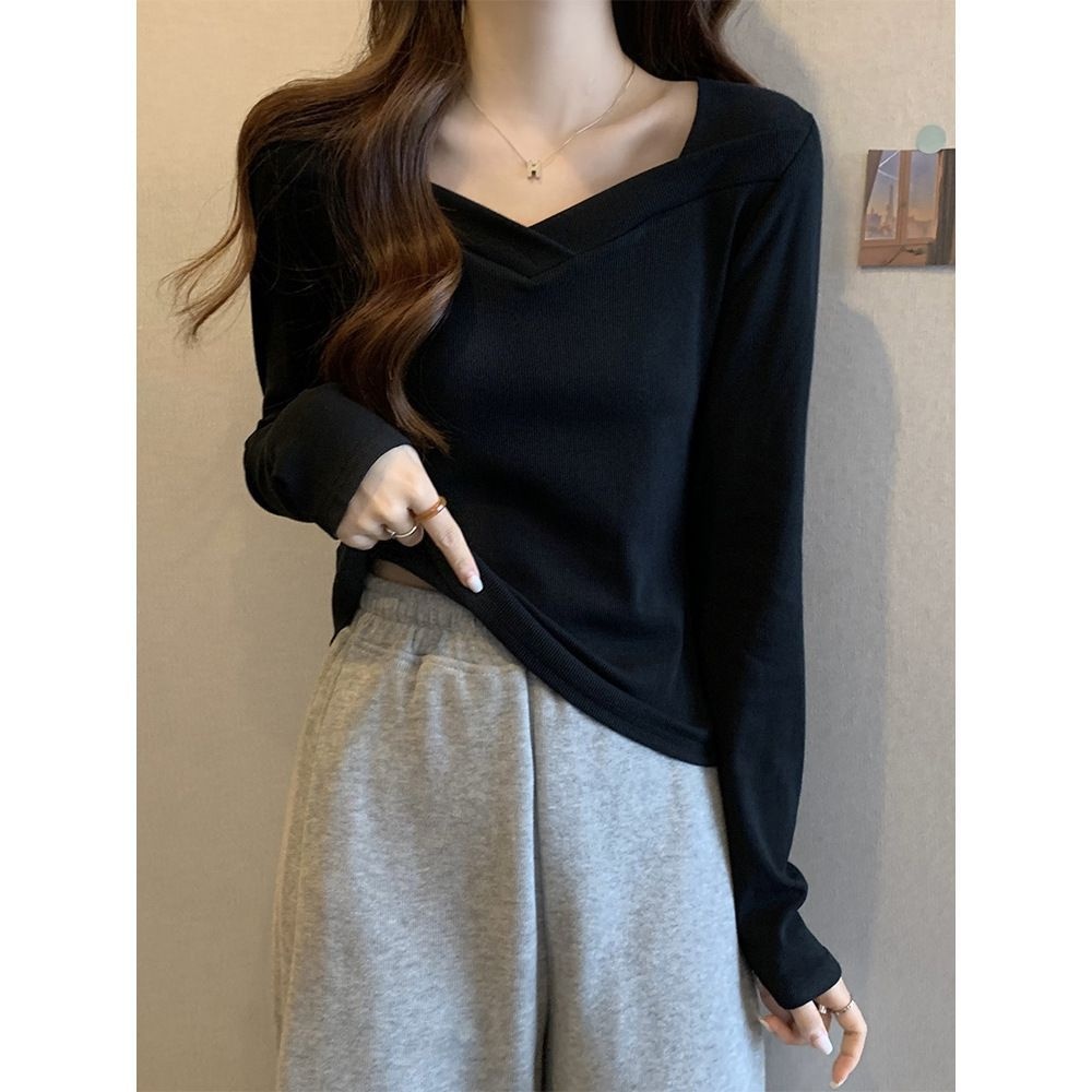 大码胖mm打底衫秋冬新款设计感T恤小众方领洋气修身显瘦内搭上衣