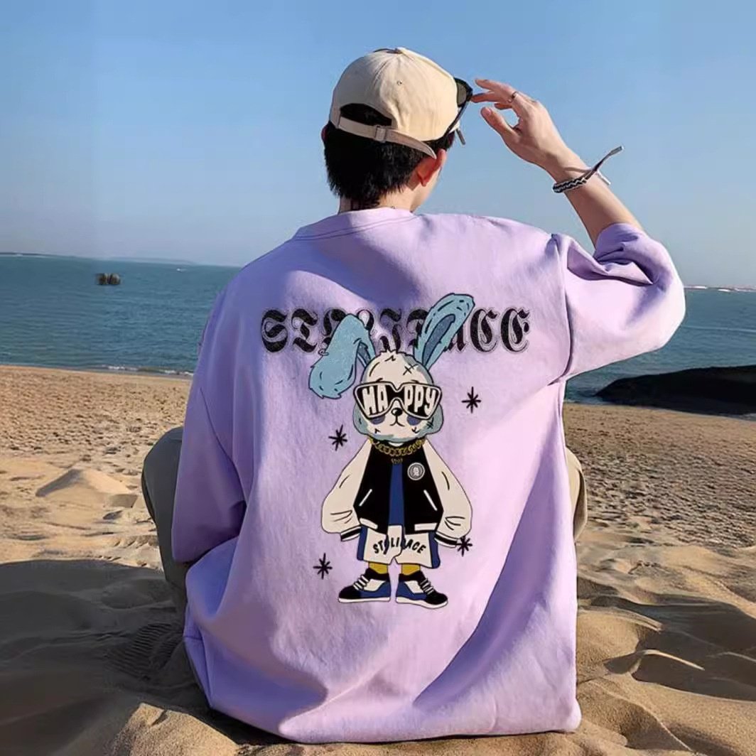 纯棉短袖t恤男夏季高街美式兔子印花半袖宽松oversize设计感T恤