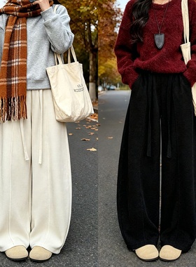 黑色加绒弯刀裤子女秋冬2025新款灯芯绒运动裤小个子慵懒休闲卫裤