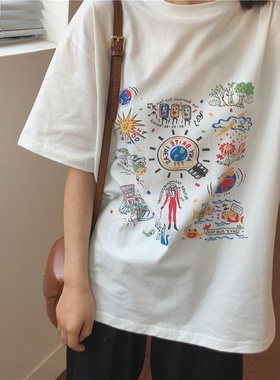 白色短袖t恤女装2025夏季新款韩国宽松印花学生百搭上衣服女