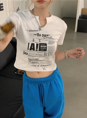 白色V领短袖T恤女2025夏季新款韩版修身短款辣妹露脐学生上衣ins