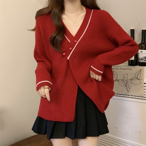 红色v领感毛衣女2025秋冬新款设计感针织开衫外套宽松上衣服