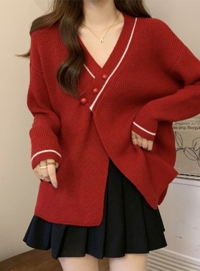 红色v领感毛衣女2025秋冬新款设计感针织开衫外套宽松上衣服