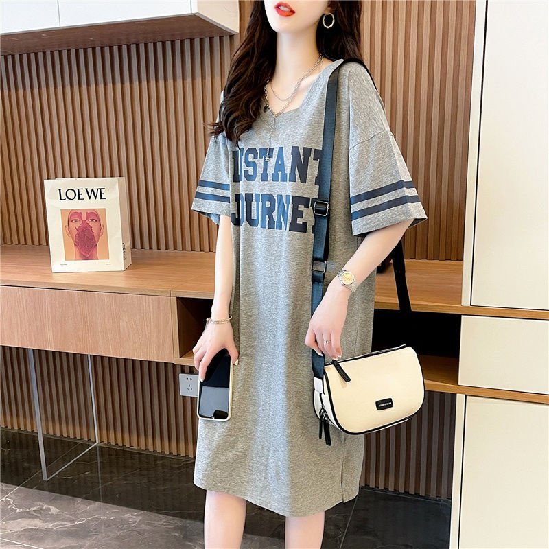欧版大码女装短袖V领T恤裙2022夏季新款胖MM懒惰风长款上衣体恤潮