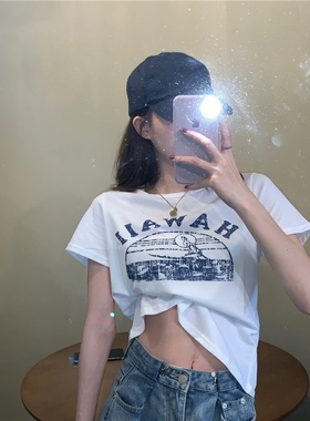 美式复古黑色短袖T恤女装夏季2025新款设计感辣妹短款学生上衣服