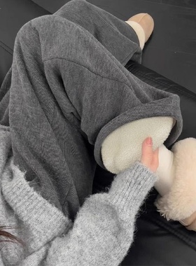 灰色糯米裤女秋冬季加绒加厚2025新款春秋直筒休闲羊羔绒阔腿裤子