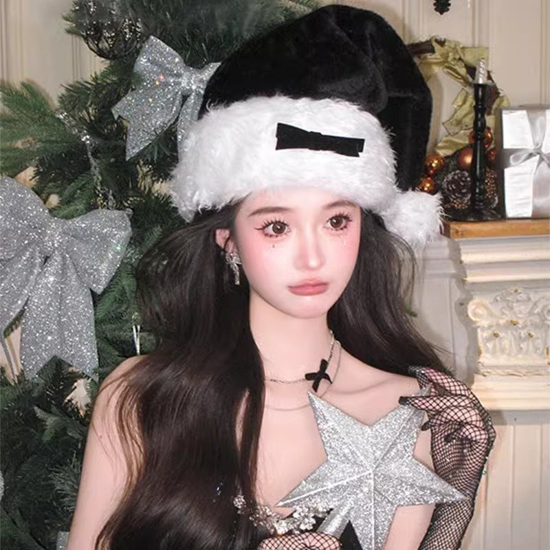 圣诞平安夜黑色毛绒圣诞帽女大头围帽子保暖网红头饰cos装扮道具