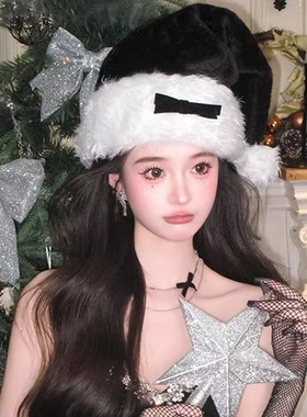 圣诞平安夜黑色毛绒圣诞帽女大头围帽子保暖网红头饰cos装扮道具