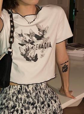 白色短款t恤女2025夏季新款韩版宽松蝴蝶印花木耳边短袖学生上衣