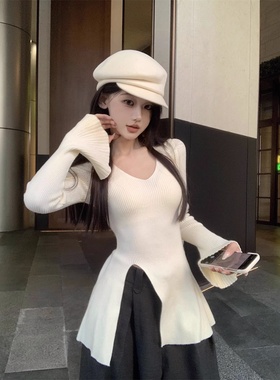 黑色v领喇叭袖针织衫女2025秋季修身辣妹长袖打底衫开叉内搭上衣