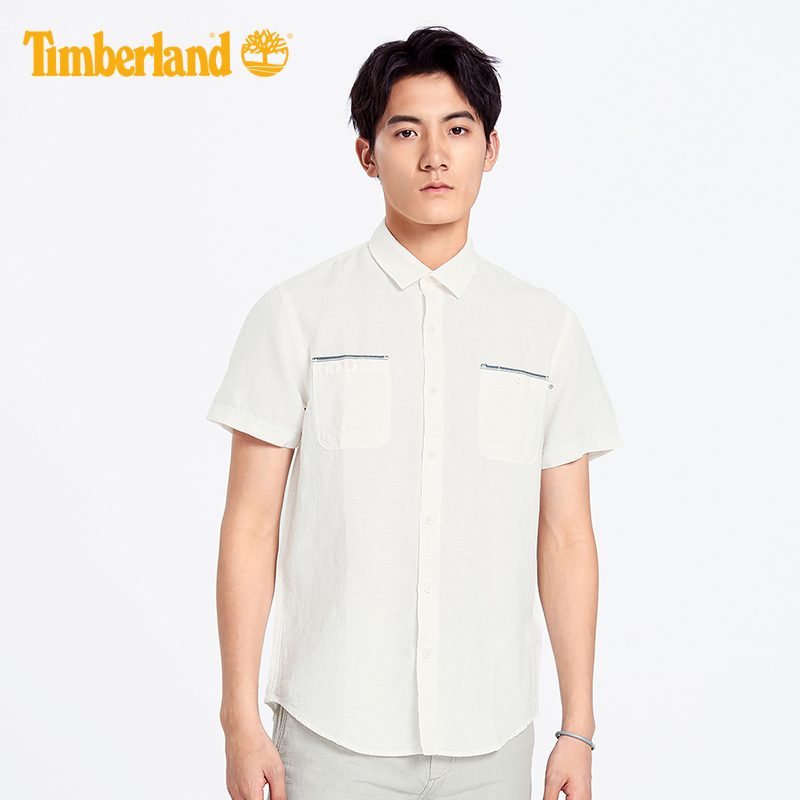 Timberland添柏岚男装19夏装棉麻混纺修身短袖衬衫|A1WRN