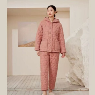 flossy弗劳思冬季女士三层加厚加绒连帽保暖家居服套装34D250
