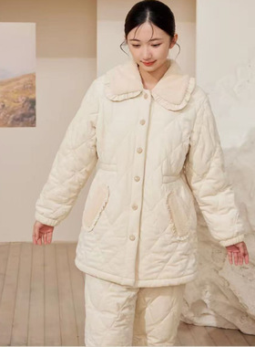 flossy弗劳思冬季三层加厚女士加绒中长款保暖家居服套装CD259