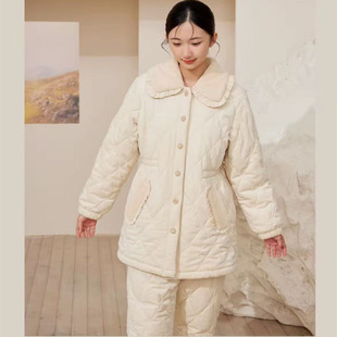 flossy弗劳思冬季三层加厚女士加绒中长款保暖家居服套装CD259