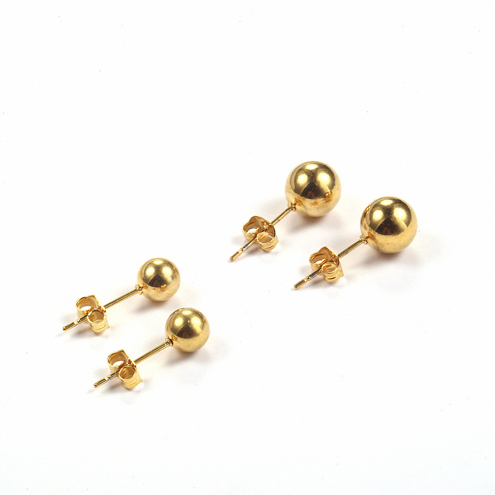 钛钢镀18K金男女士多色大小圆珠耳环 个性简约金珠耳钉耳饰品