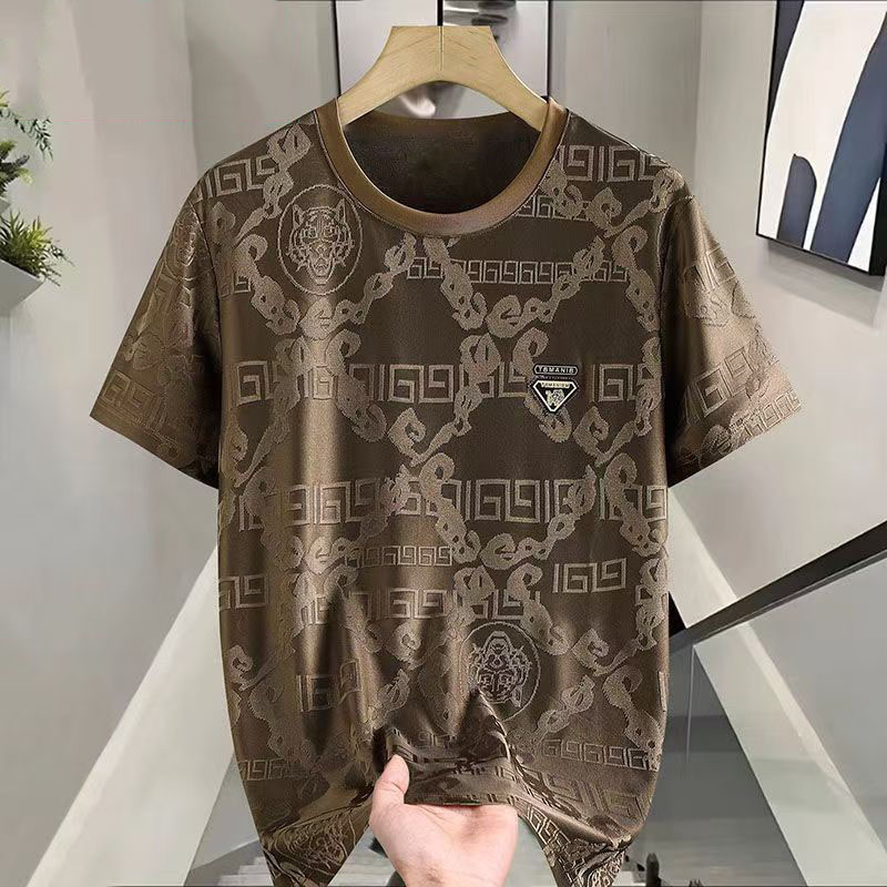 夏季新款男士冰丝短袖T恤暗纹提花大码上衣服速干打底衫商务男装