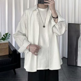 男夏季 轻熟风长袖 系黑白条纹衬衫 薄款 外套 衬衣男友风大码 情侣装
