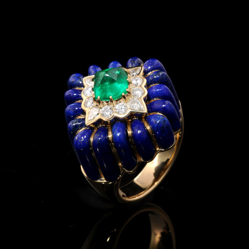 福泰珠宝 Flow系列 心塔 糖塔祖母绿18k金镶嵌青金石钻石复古戒指