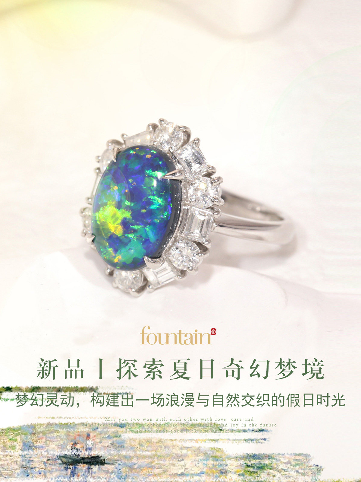 福泰珠宝 3.38克拉天然黑欧泊戒指指环女PT900铂金钻石镶嵌定制