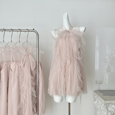 kubiliv粉雾香氛蝴蝶结系带不规则裙无袖吊带连衣裙纯欲网纱裙女