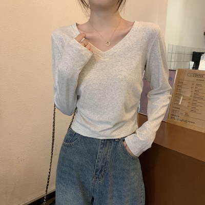kubiliv韩版百搭V领设计感纯色内搭长袖纯棉打底女T恤上衣