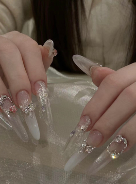 ElsaNail白开水猫眼手工穿戴甲公主气质纯欲风奢裸色堆钻石膏显白