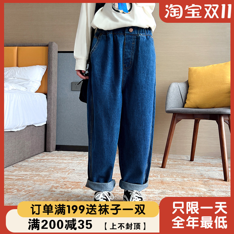 女童牛仔裤2023秋装新款女大童洋气时髦简约宽松纯棉老爹裤长裤潮