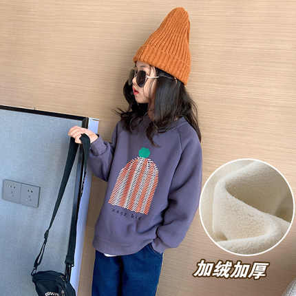女童加绒卫衣2024秋装新款中大童洋气宽松中长款加厚一体绒上衣潮