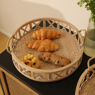 日式 饰盘收纳盘茶几桌面摆件 复古藤编托盘家用镂空装