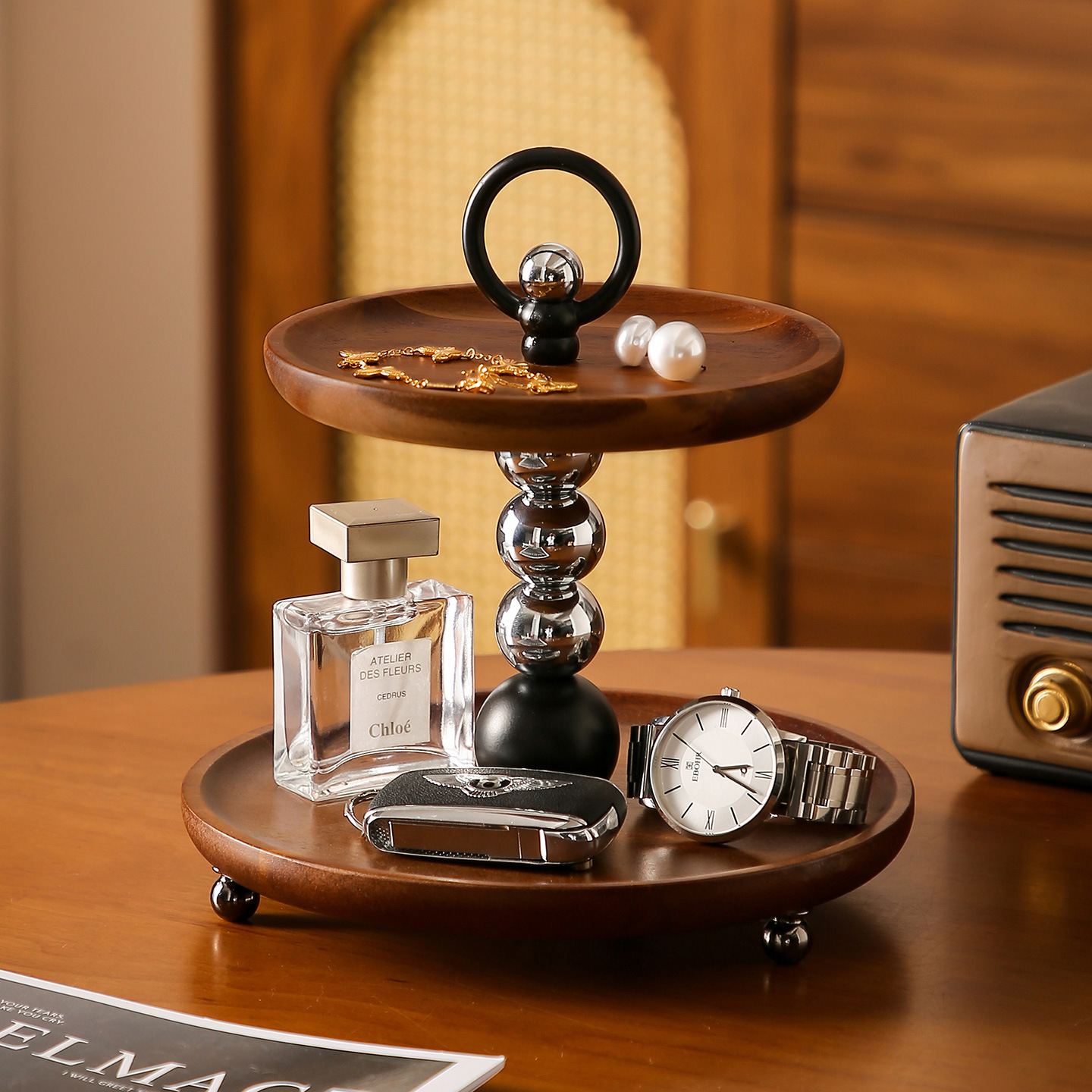 中古风胡桃木双层收纳架