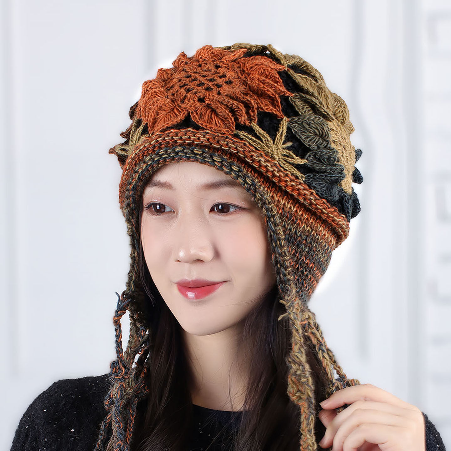 女士春秋天包头帽百搭羊毛流苏卷边花朵针织帽冬天护耳保暖毛线帽