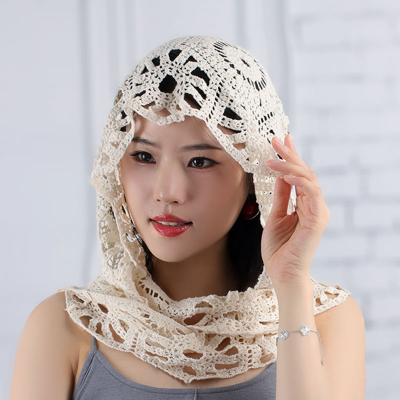 春秋天百搭镂空钩花棉线针织三角披肩女士夏天外搭如意围巾一体帽