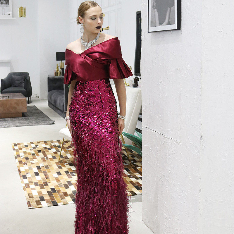 酒红leedy&me红色晚新款修身显瘦端庄大气亮片时尚一字肩礼服女