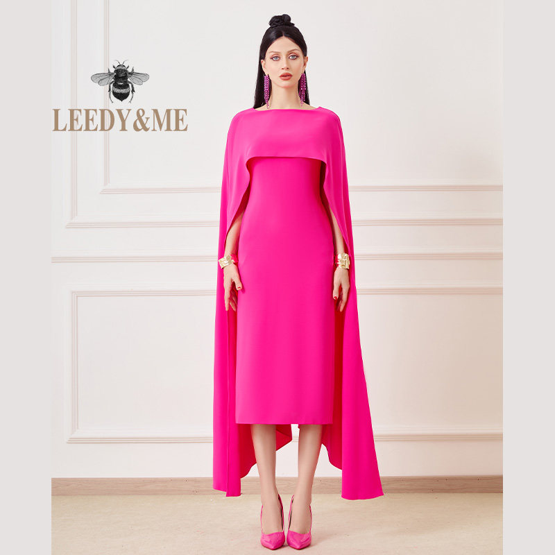 LEEDY＆ME欧美时尚轻奢优雅修身披肩口袋中长礼服聚会活动连衣裙