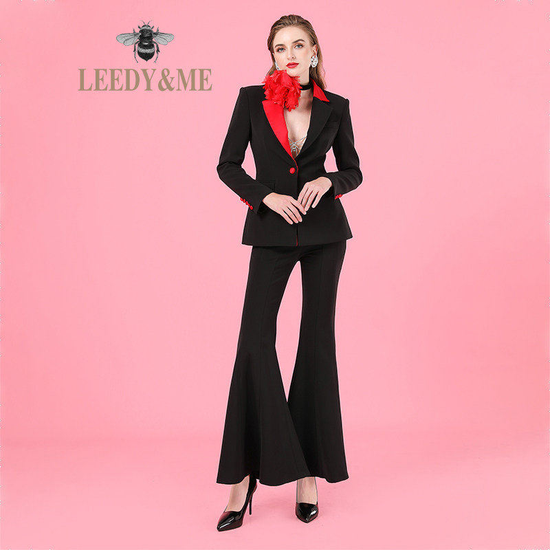 leedy&me春秋轻奢职场新品黑红撞色修身大喇叭裤西装套装霸气女