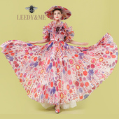 LEEDY春夏新品 大摆长礼裙女 原创仙气森女系轻奢抹胸印花压折修身