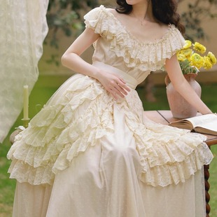 现货 VINTAGE全蕾丝网纱古董婚纱公主礼服长裙 豌豆公主米白色