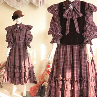 梅菲斯小姐 VINTAGE古着感英伦格纹连衣裙春秋冬丝绒收腰马甲套装