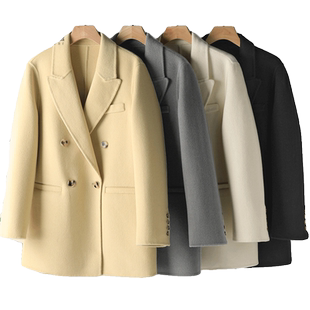 贝源高端白色双面羊绒大衣女小个子2025新双排扣羊毛西装毛呢外套