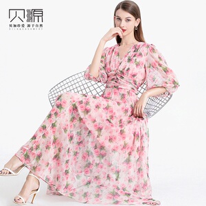 贝源法式减龄粉色碎花真丝女长裙2026新款长款茶歇裙桑蚕丝连衣裙