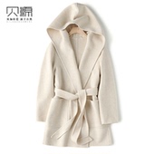 贝源米白色双面羊绒大衣女连帽2025新款 小个子中长款 羊毛毛呢外套