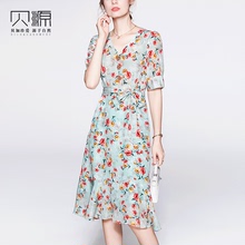 贝源法式减龄印花V领真丝女裙2025小个子中长款短袖桑蚕丝连衣裙