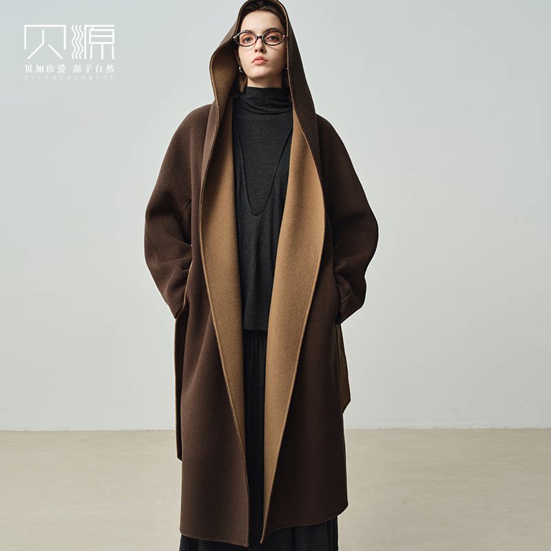 贝源中长款连帽双面呢羊绒大衣女