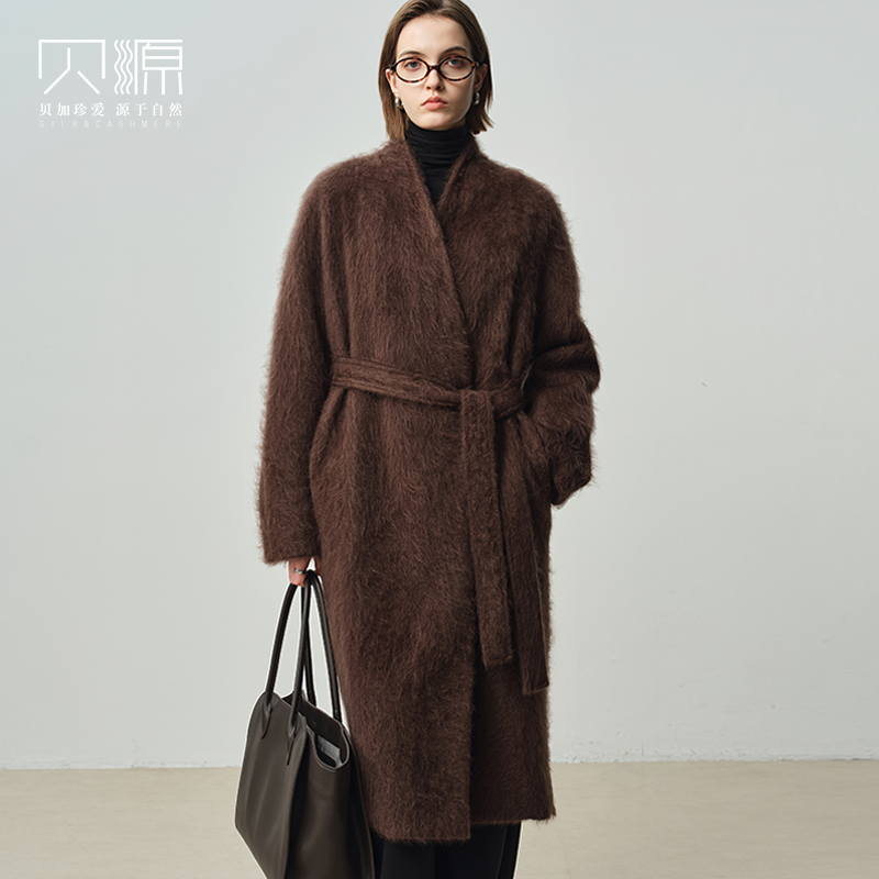 贝源中长款咖啡色双面羊绒大衣女