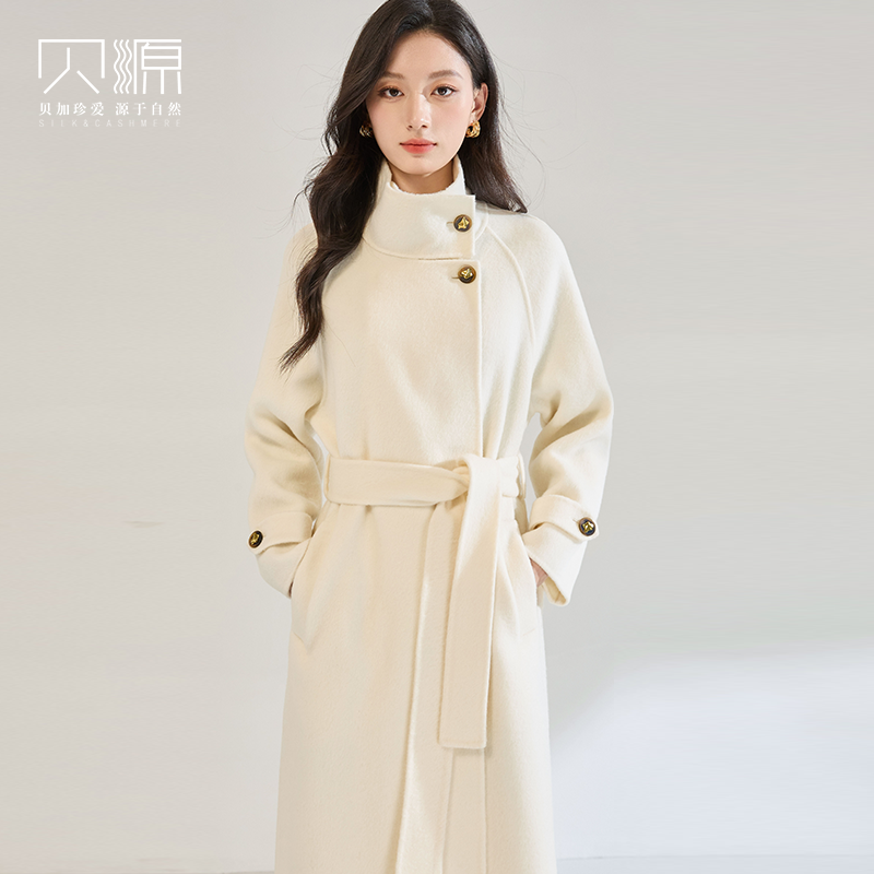 贝源赫本风立领长款双面羊绒大衣