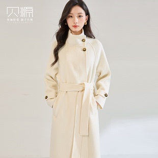 贝源白色双面羊绒大衣女赫本风2025新款长款系带加厚羊毛毛呢外套