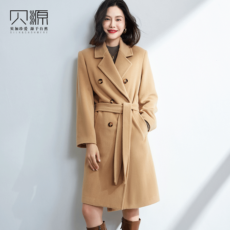 贝源小个子双排扣中长款羊绒大衣
