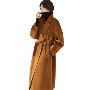 贝源M家焦糖色双面羊绒大衣女中长款2025新正肩系带羊毛毛呢外套